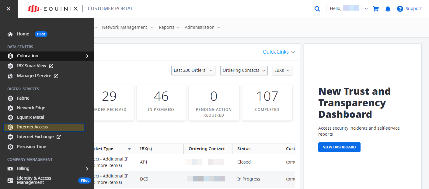 Equinix Internet Access inventory